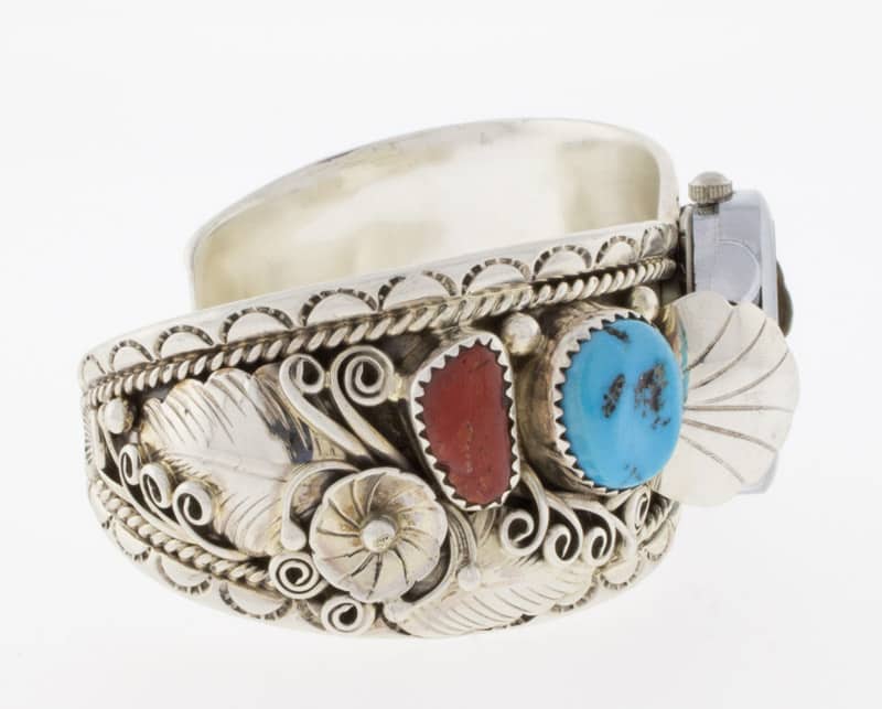Navajo Ladies Turquoise & Coral Watch Bracelet - WT#1007 - Native ...