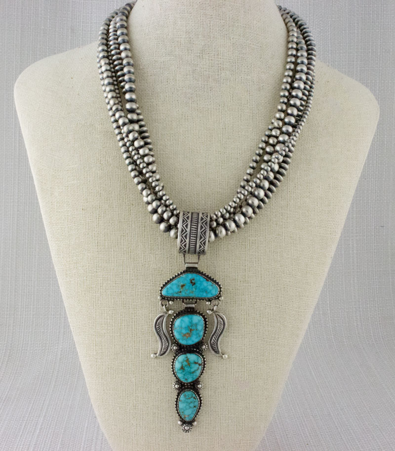 Navajo 5-Strand Sterling Silver Bead Necklace With Natural Kingman ...