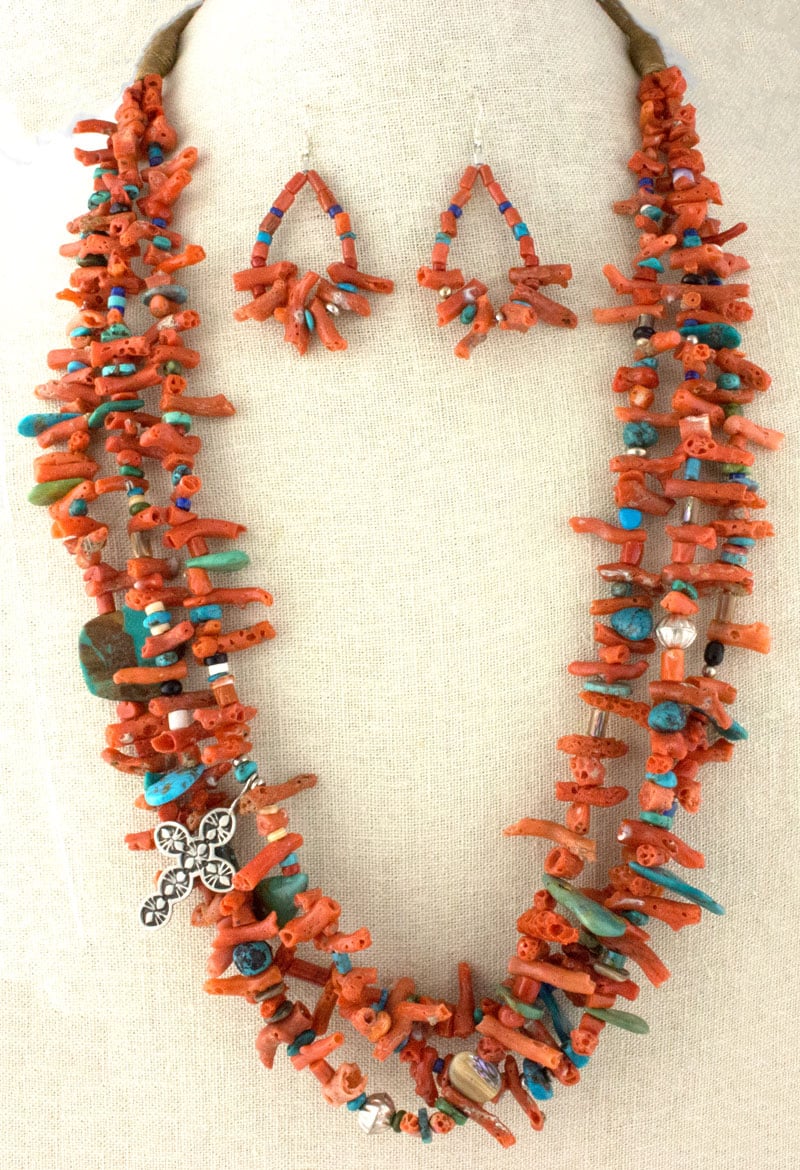 Santo Domingo Triple-Strand Natural Mediterranean Branch Coral Necklace  With Matching Earrings - NNG#1073 - Native American Jewelry - SilverTQ, LLC